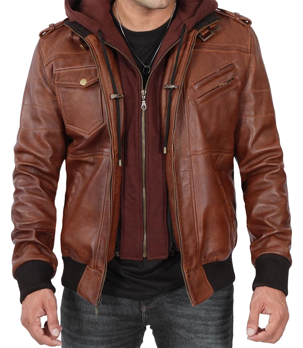 Men's Brown Tall Leather Bomber Jacket With Removable Hood