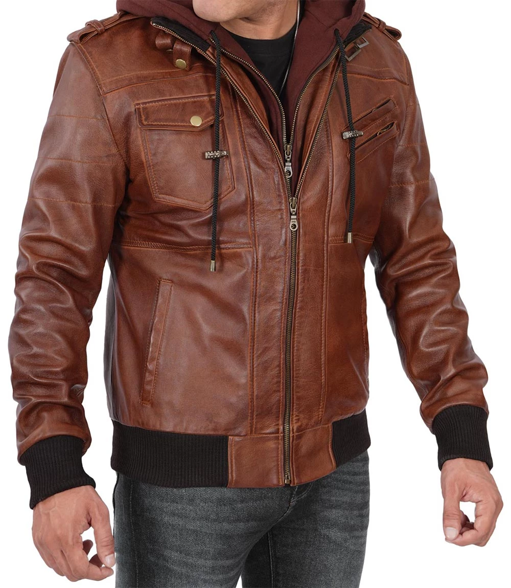 Men's Brown Tall Leather Bomber Jacket With Removable Hood