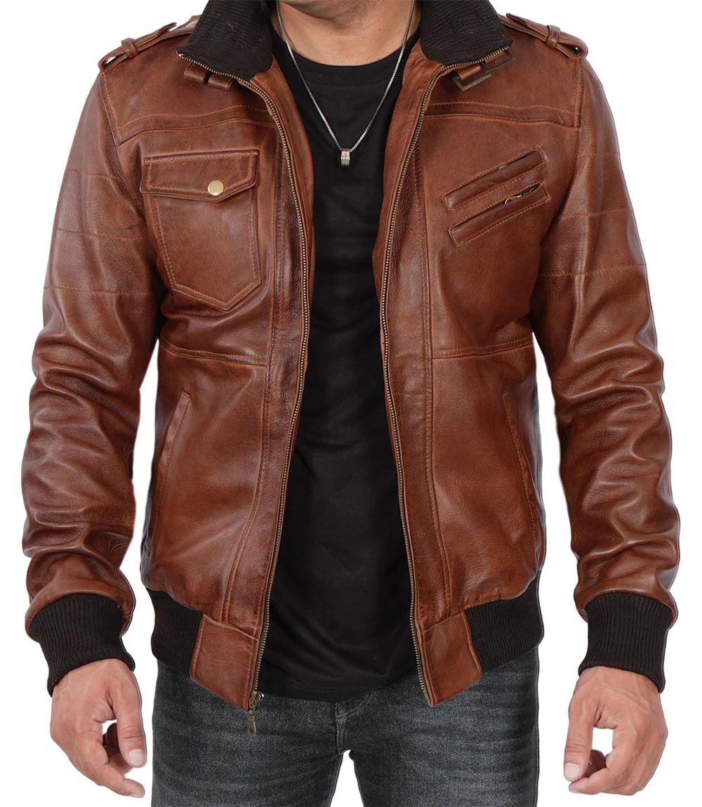 Men's Brown Tall Leather Bomber Jacket With Removable Hood