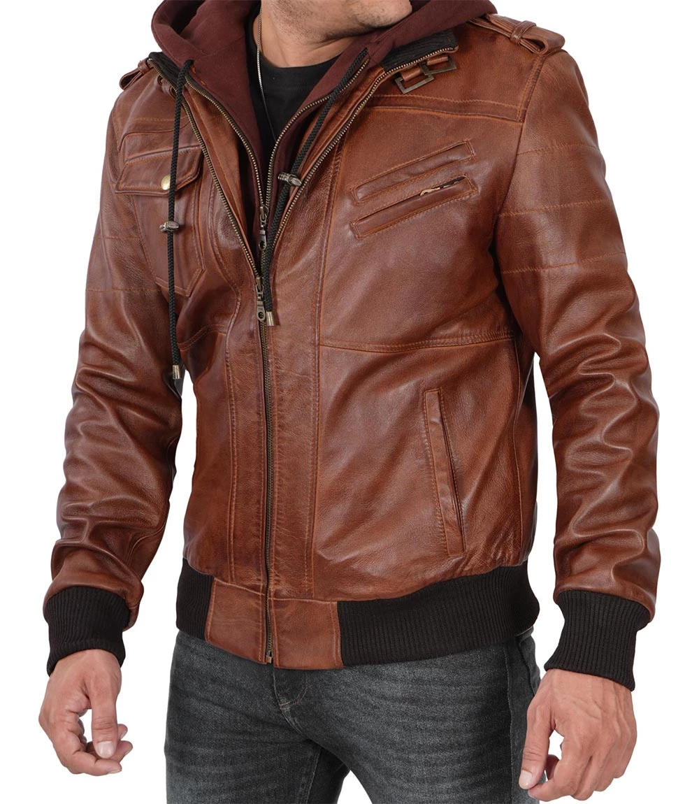 Men's Brown Tall Leather Bomber Jacket With Removable Hood