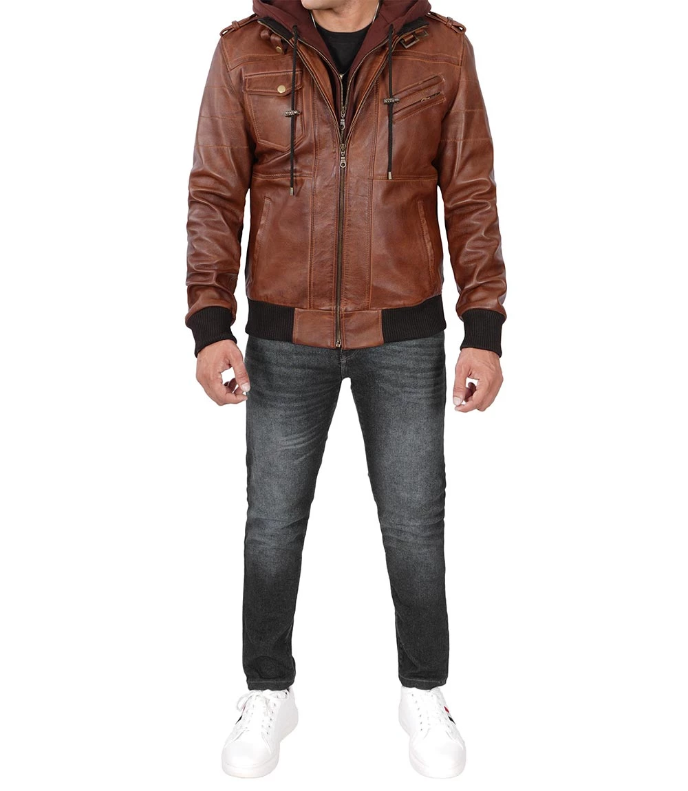 Men's Brown Tall Leather Bomber Jacket With Removable Hood