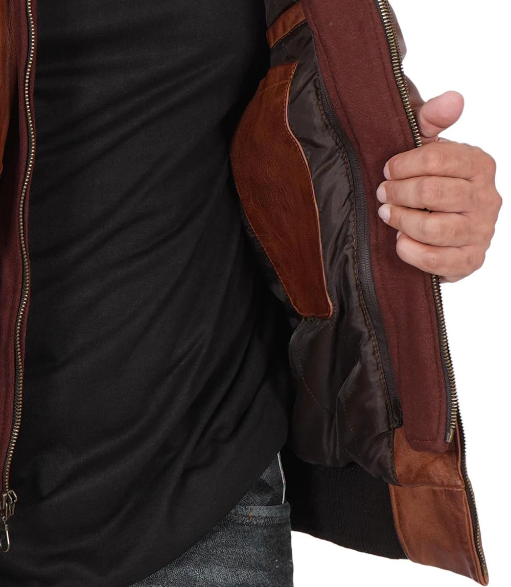 Men's Brown Tall Leather Bomber Jacket With Removable Hood