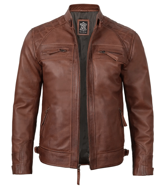 Men's Tall Cognac Cafe Racer Leather Jacket