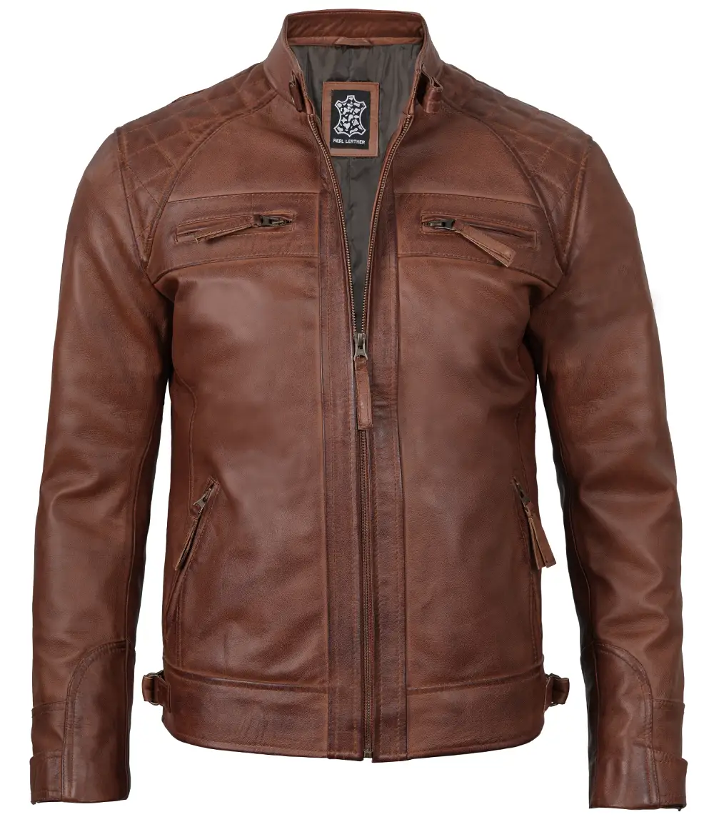 Men's Tall Cognac Cafe Racer Leather Jacket