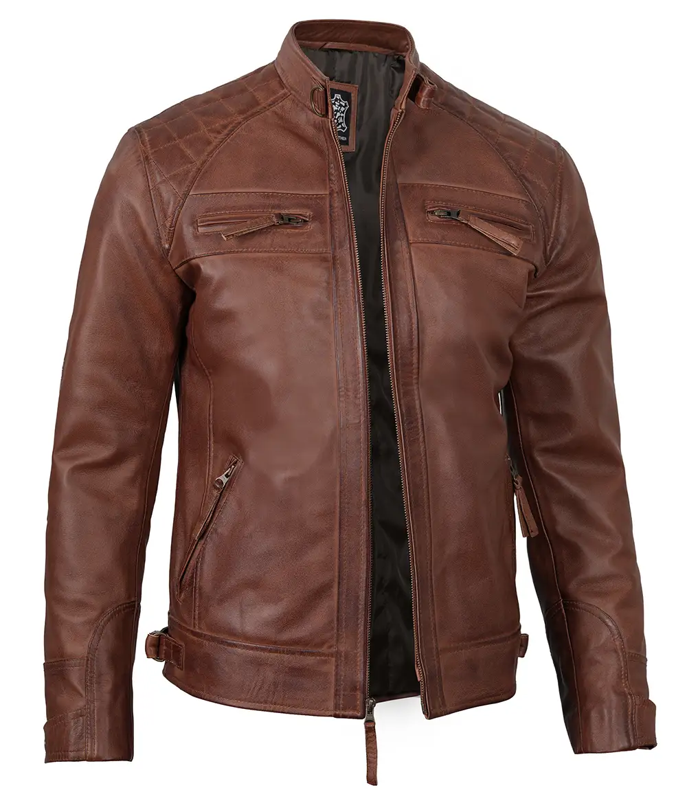 Men's Tall Cognac Cafe Racer Leather Jacket