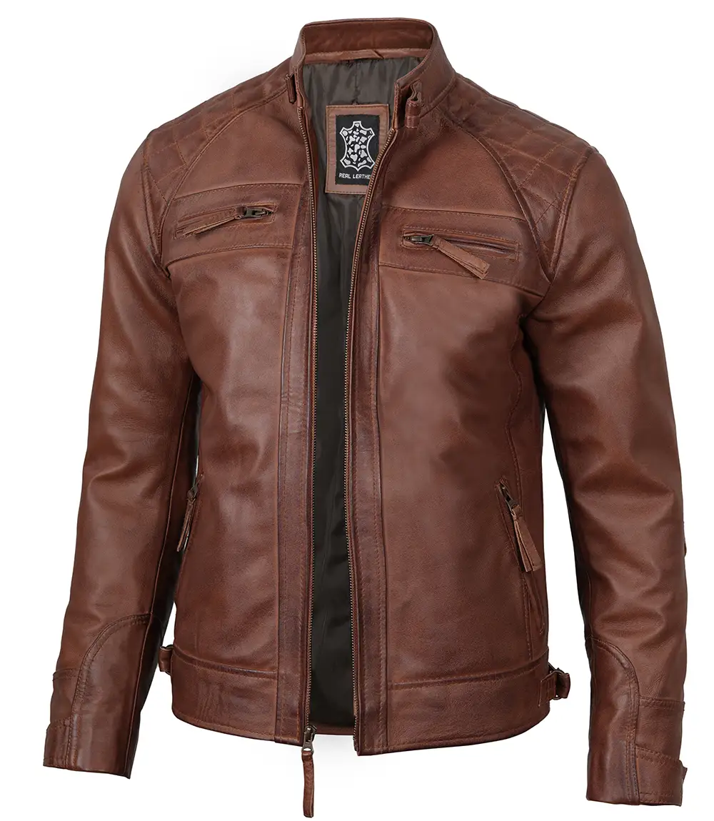 Men's Tall Cognac Cafe Racer Leather Jacket