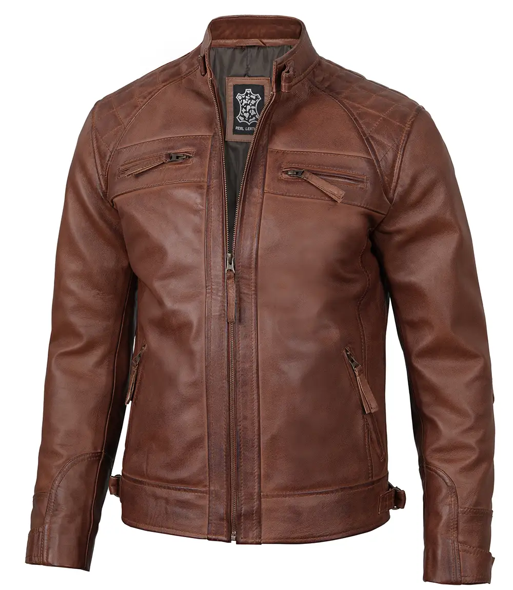 Men's Tall Cognac Cafe Racer Leather Jacket