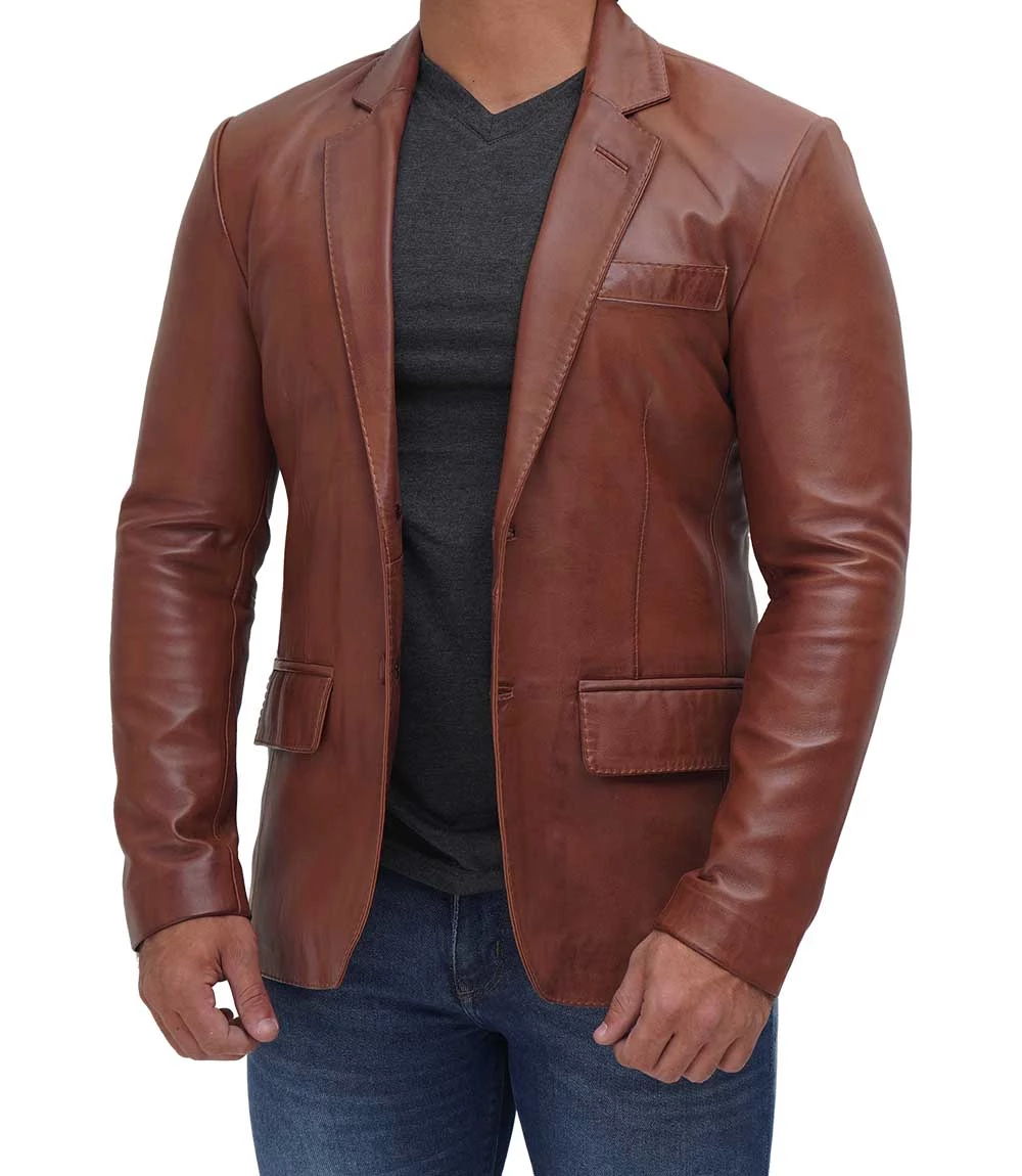 Men's Tan Two Button Brown Leather Blazer