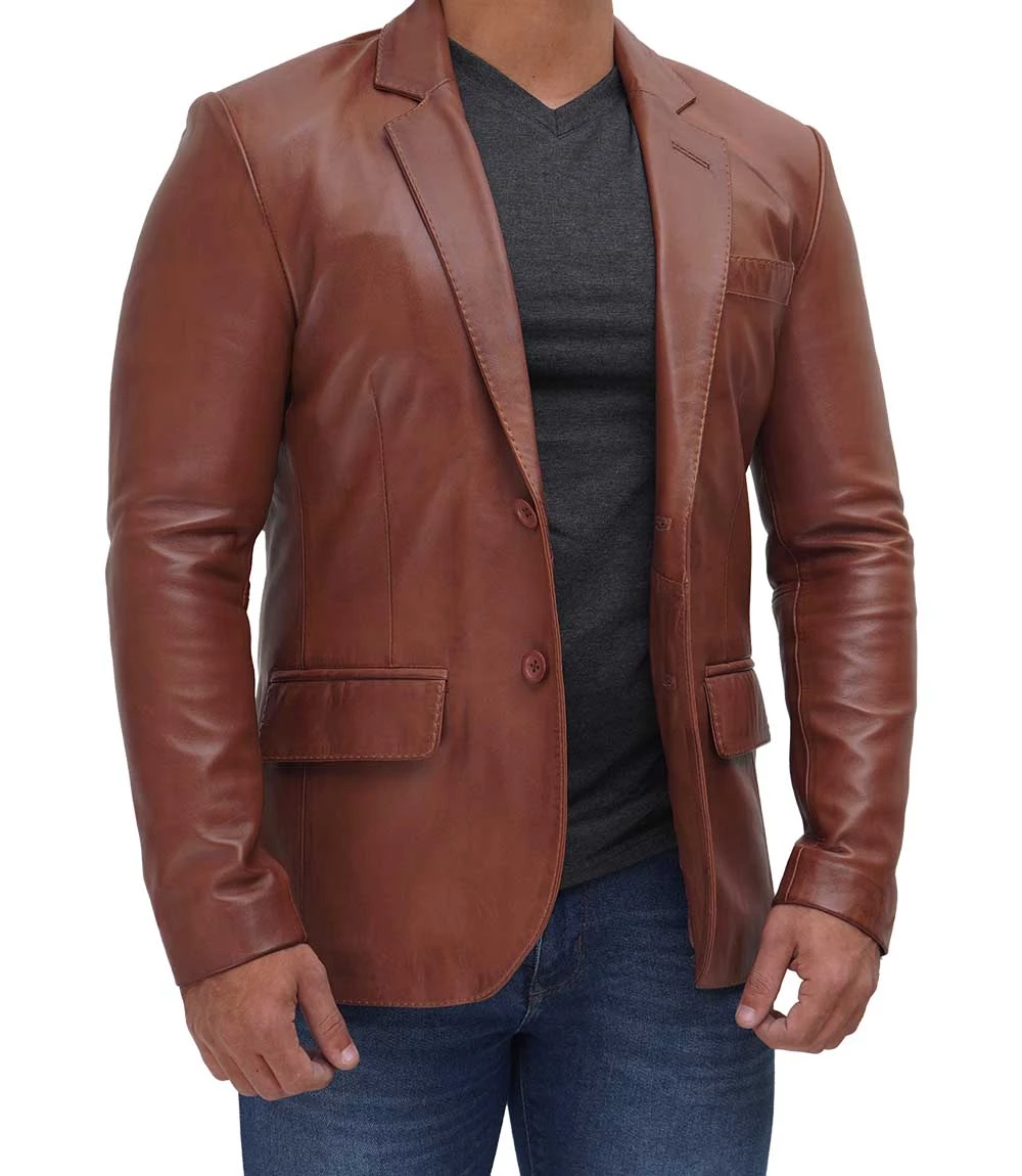 Men's Tan Two Button Brown Leather Blazer