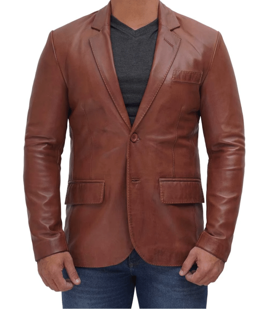 Men's Tan Two Button Brown Leather Blazer