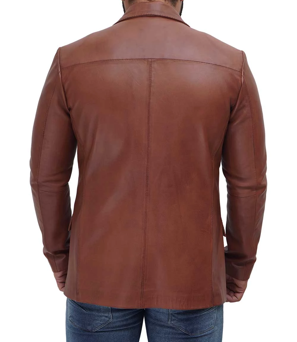 Men's Tan Two Button Brown Leather Blazer