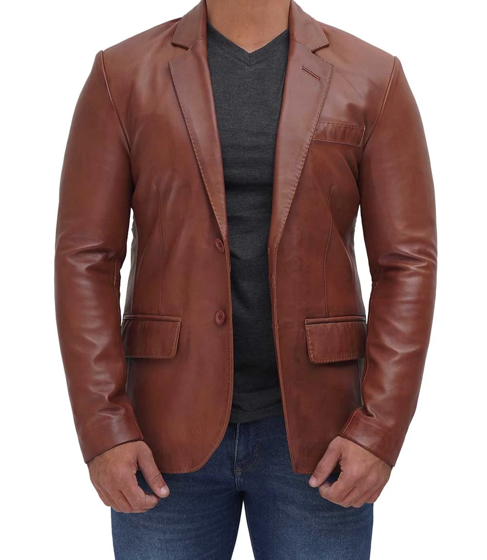 Men's Tan Two Button Brown Leather Blazer