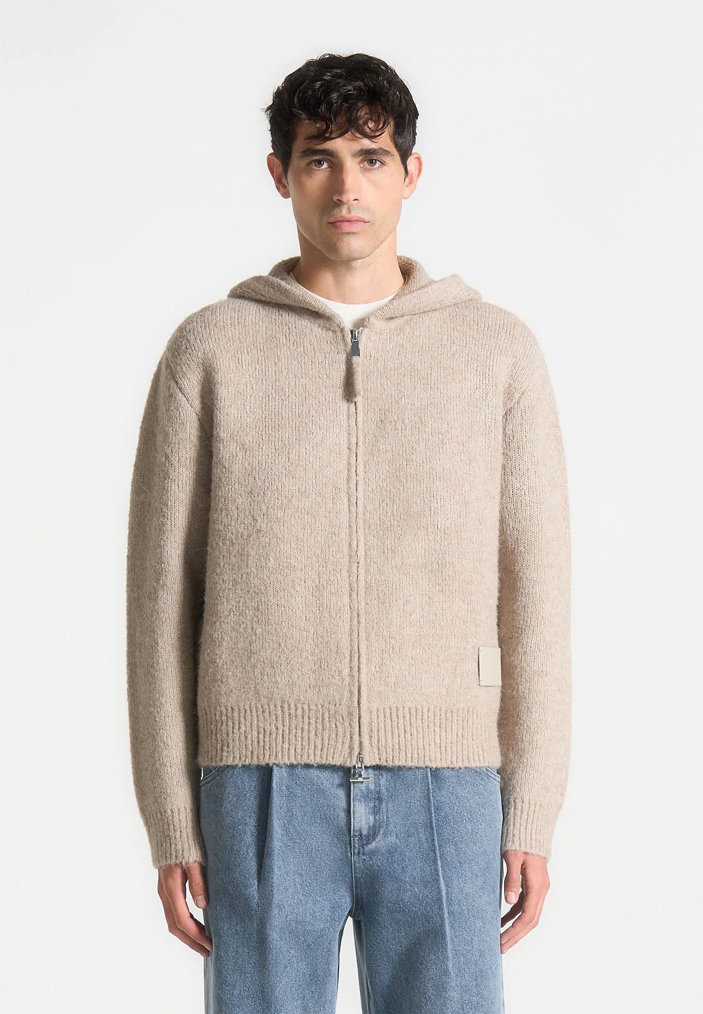 Mohair-Blend Zip Through Hoodie - Beige