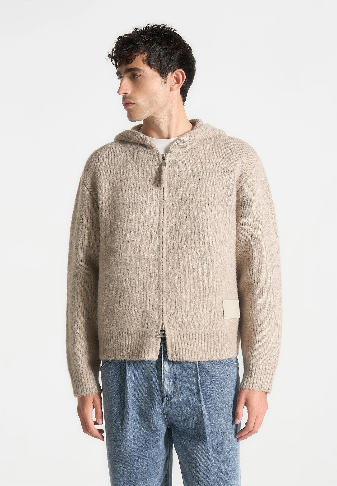 Mohair-Blend Zip Through Hoodie - Beige