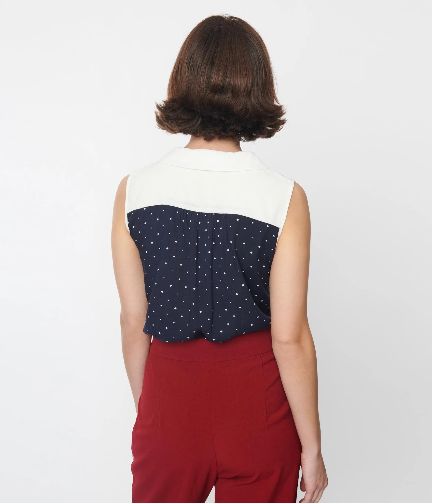 Navy and Ivory Polka Dot Bow Top