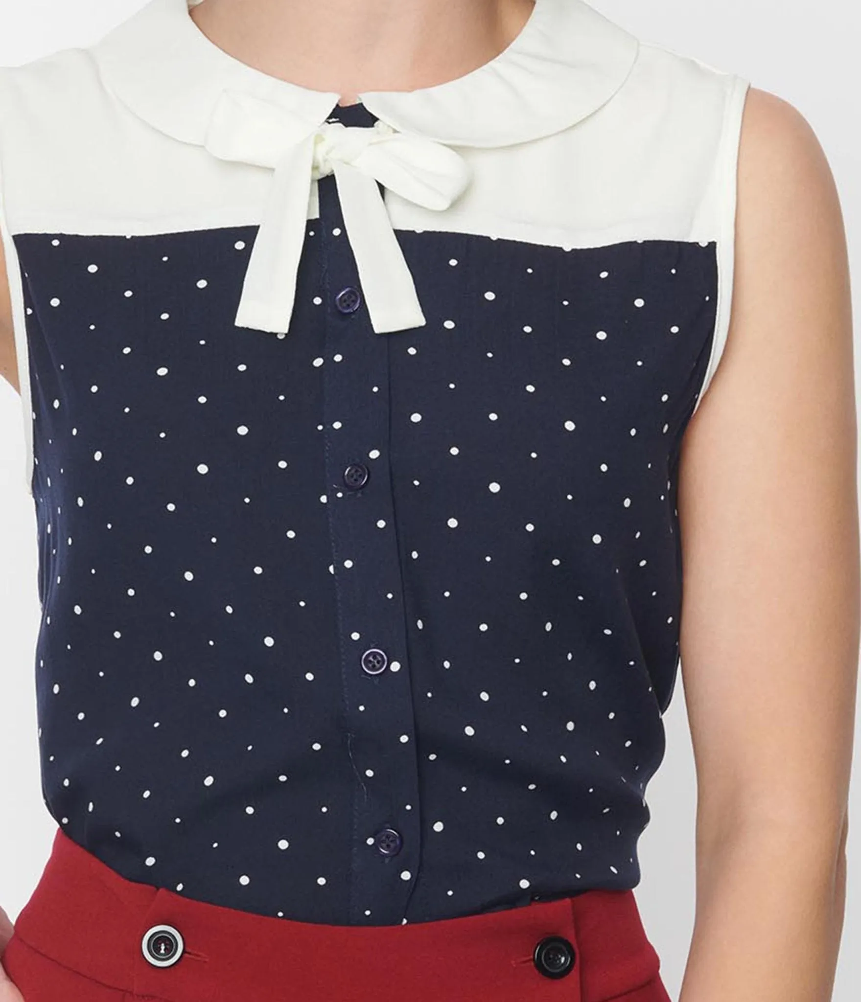 Navy and Ivory Polka Dot Bow Top