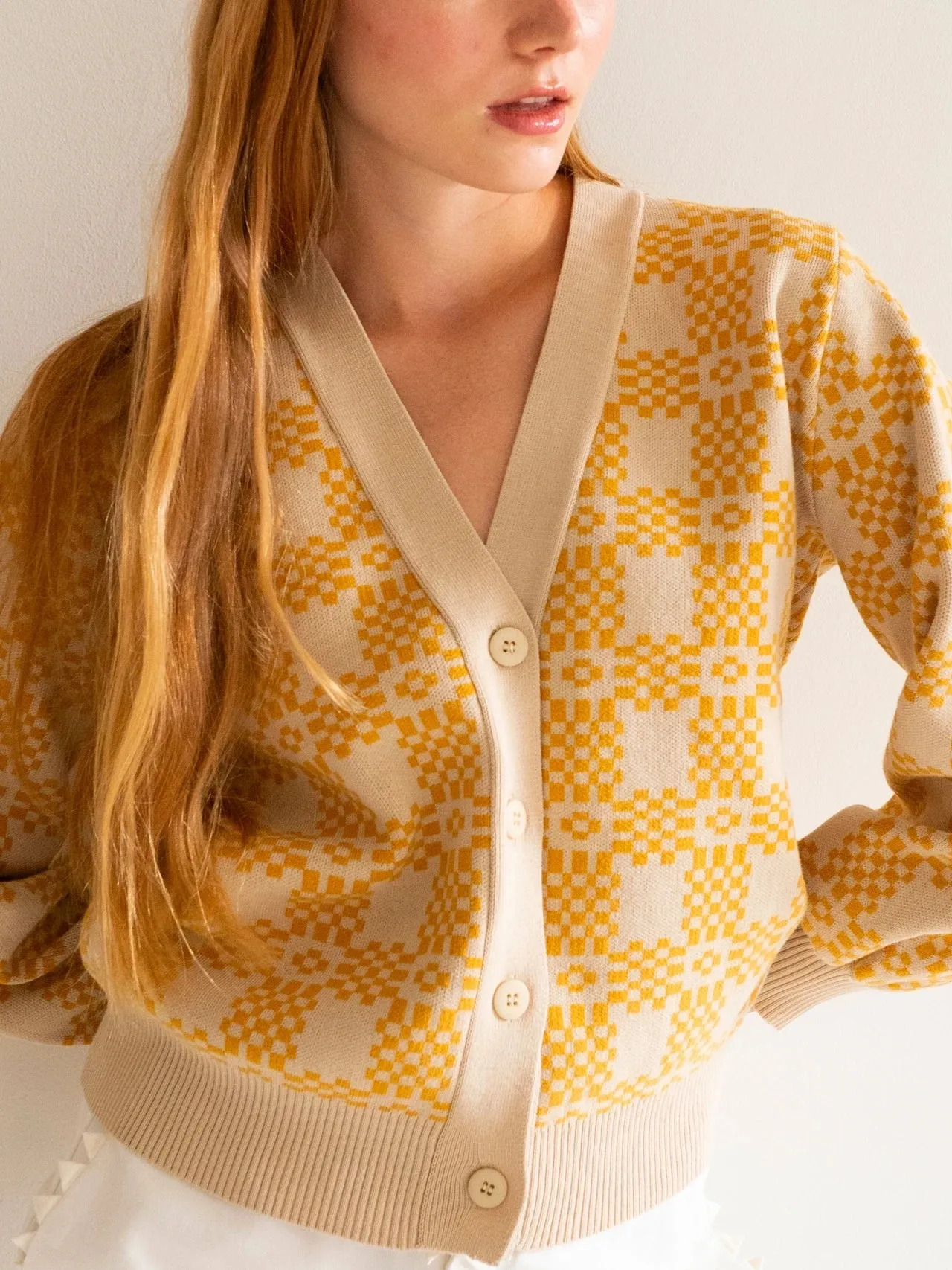 Nora Jacquard Cardigan - Pale Ochre color