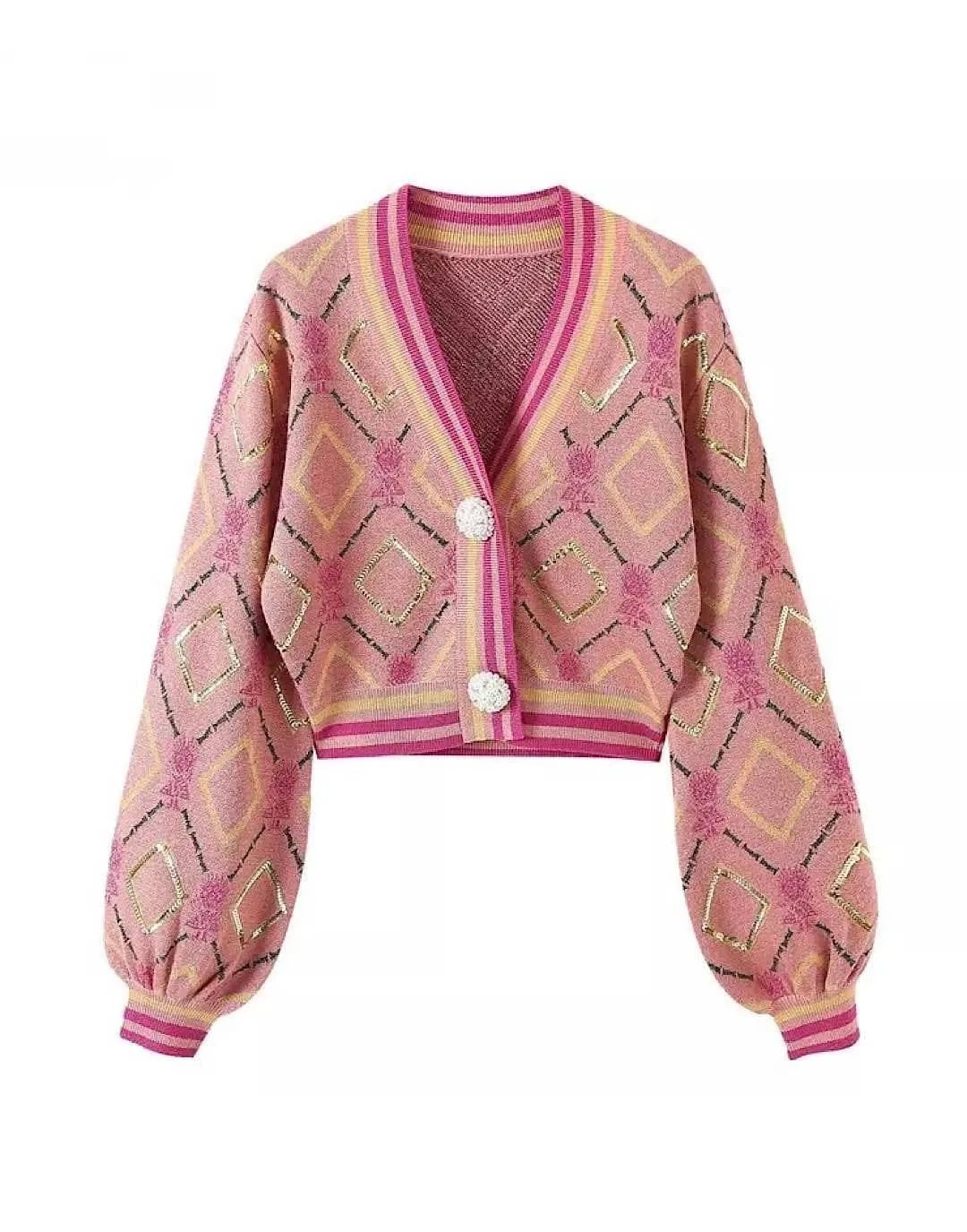 Pink Sequin Pattern Cropped Cardigan