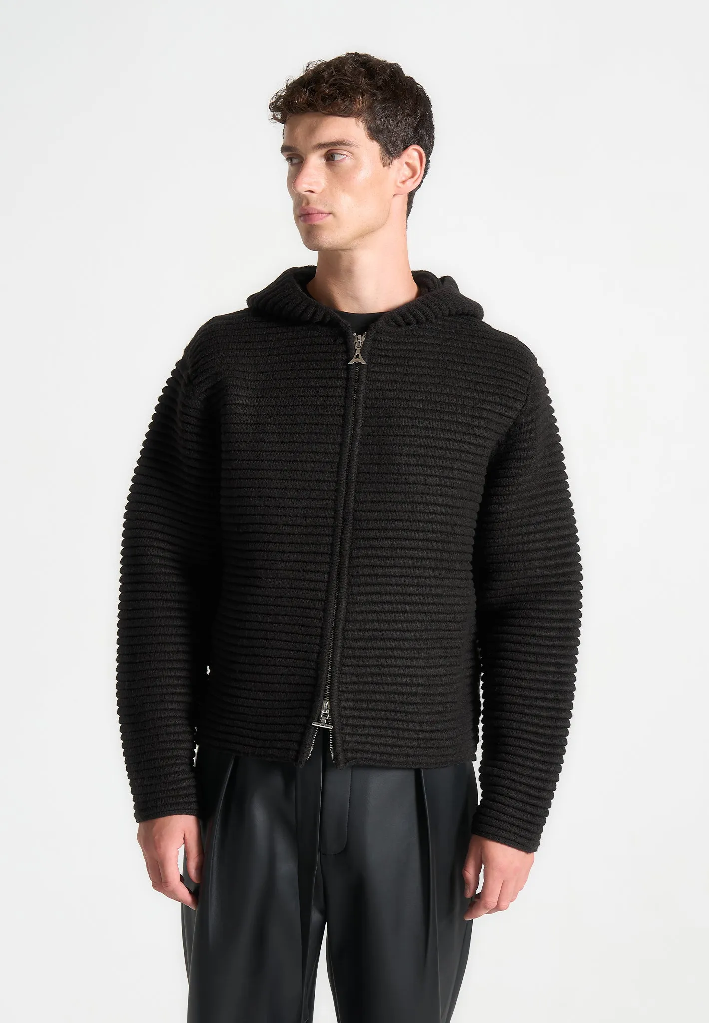 Ribbed Knit Zip Up Hoodie - Black