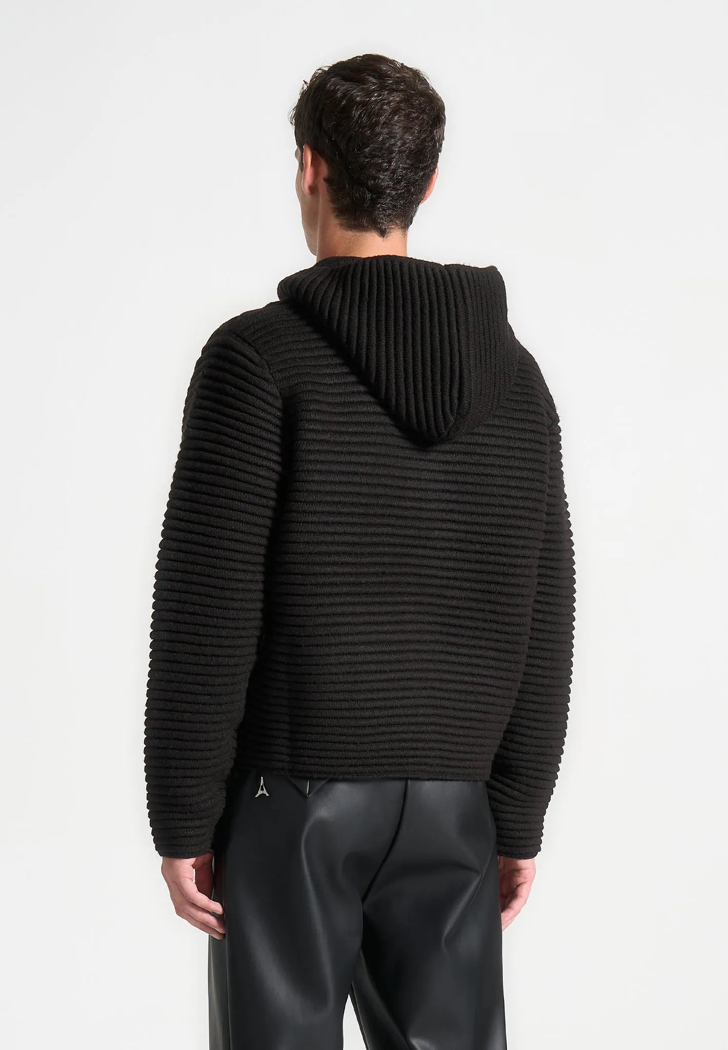 Ribbed Knit Zip Up Hoodie - Black