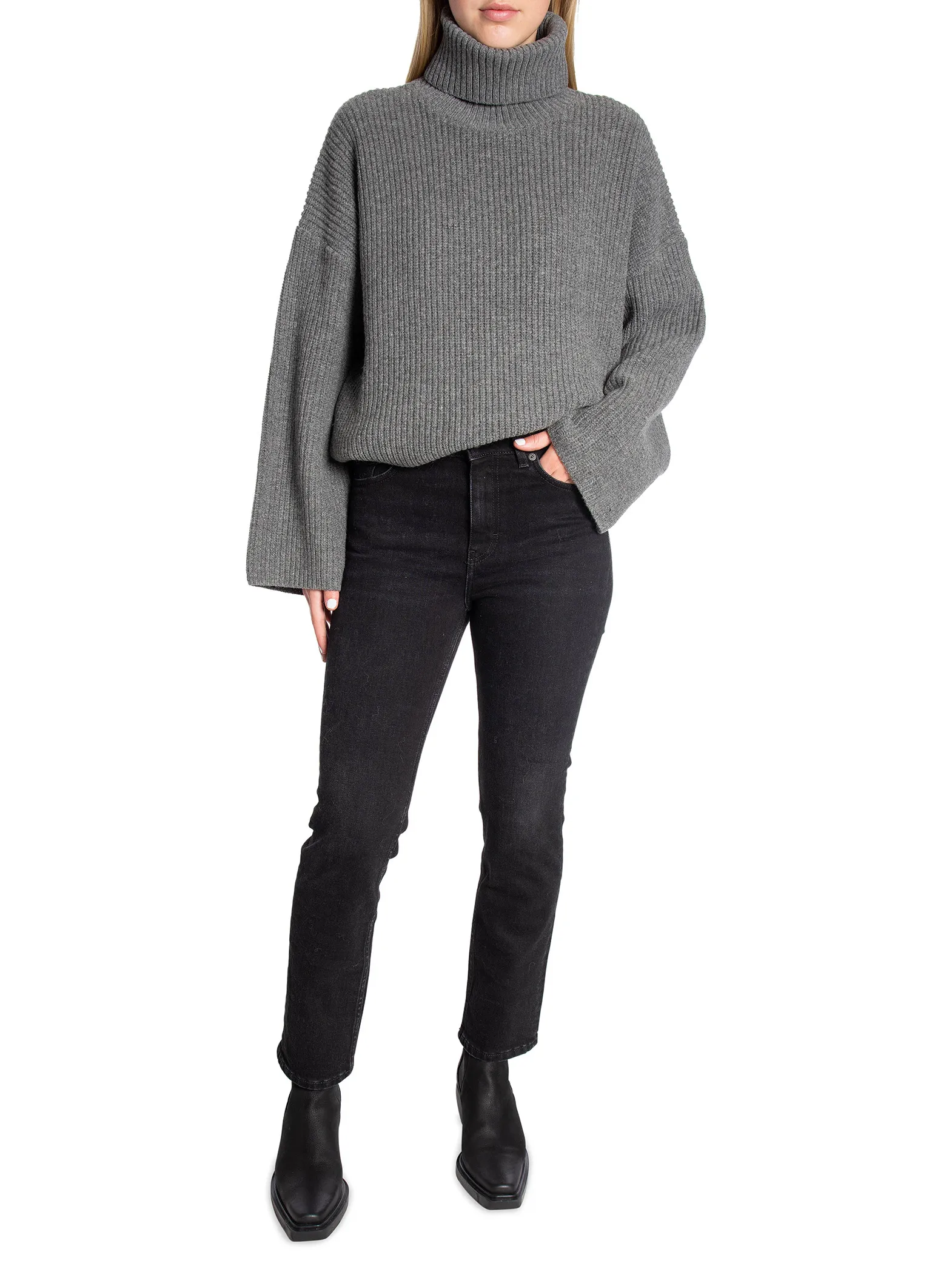 selected femme sweater, mary long knit roll neck, light grey melange