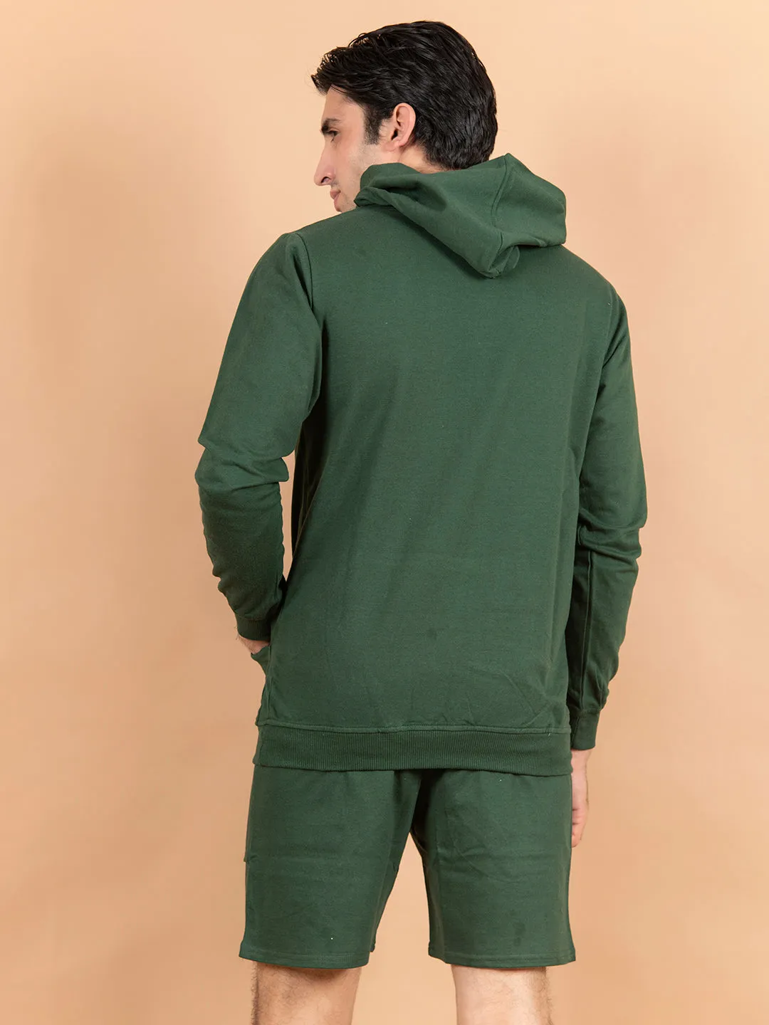 Solid Bottle Green Kangaroo Pattern Hoodie with Shorts Co-Ord Set