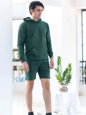 Solid Bottle Green Kangaroo Pattern Hoodie with Shorts Co-Ord Set