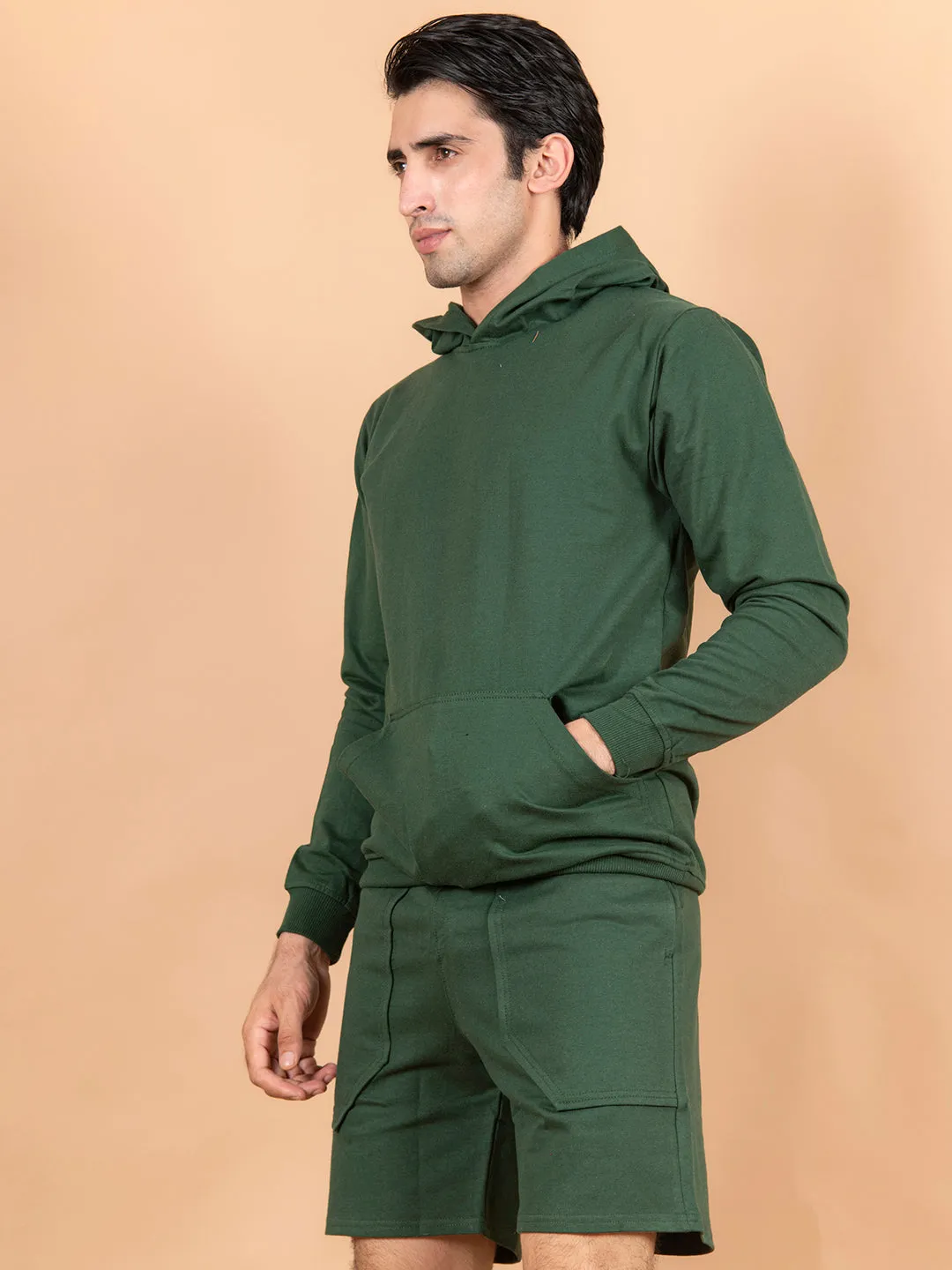 Solid Bottle Green Kangaroo Pattern Hoodie with Shorts Co-Ord Set