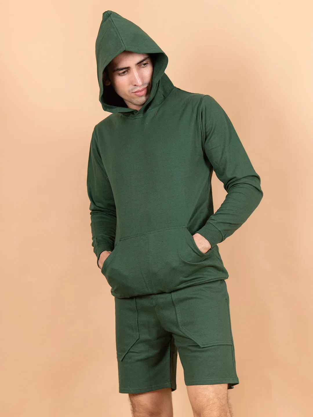 Solid Bottle Green Kangaroo Pattern Hoodie with Shorts Co-Ord Set