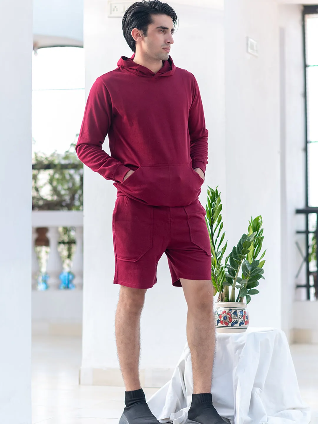 Solid Burgundy Kangaroo Pattern Hoodie with Shorts Co-Ord Set