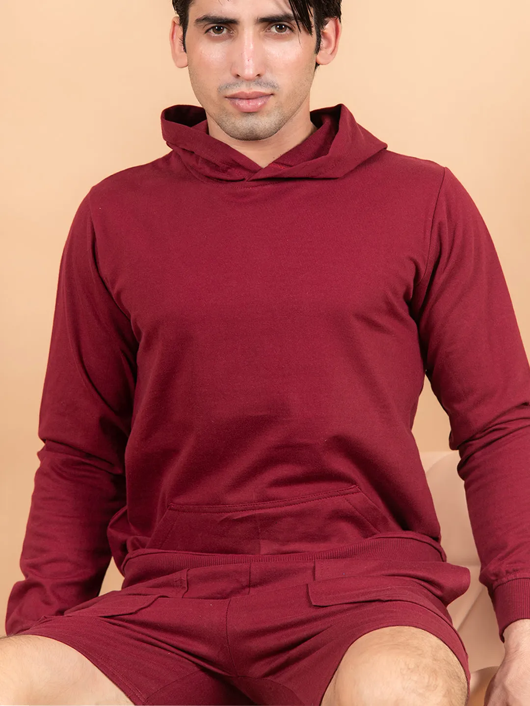 Solid Burgundy Kangaroo Pattern Hoodie with Shorts Co-Ord Set