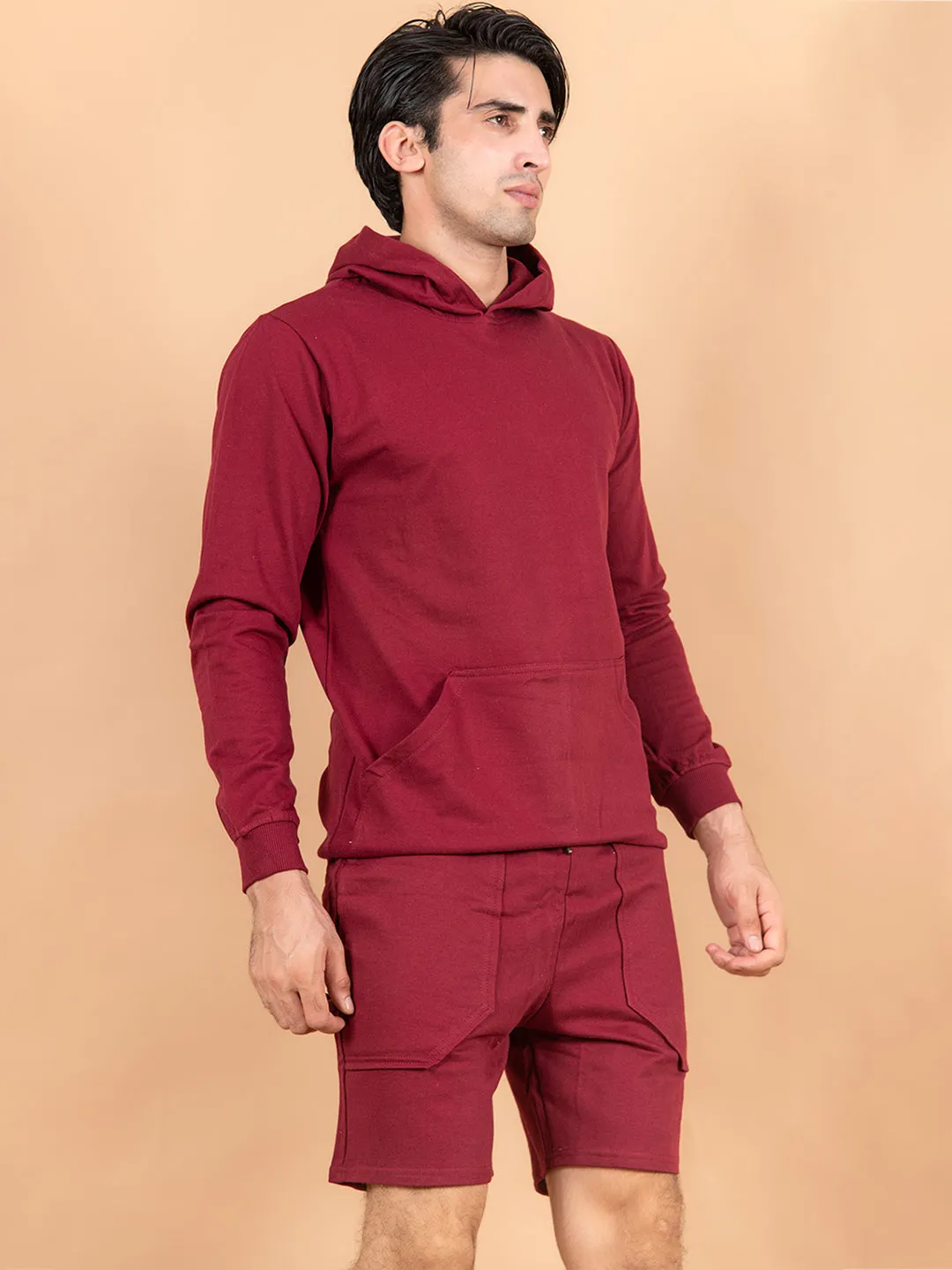 Solid Burgundy Kangaroo Pattern Hoodie with Shorts Co-Ord Set