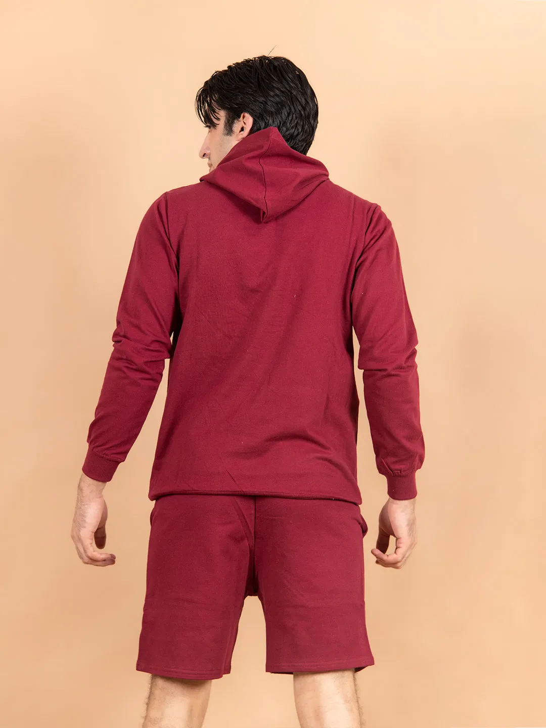 Solid Burgundy Kangaroo Pattern Hoodie with Shorts Co-Ord Set