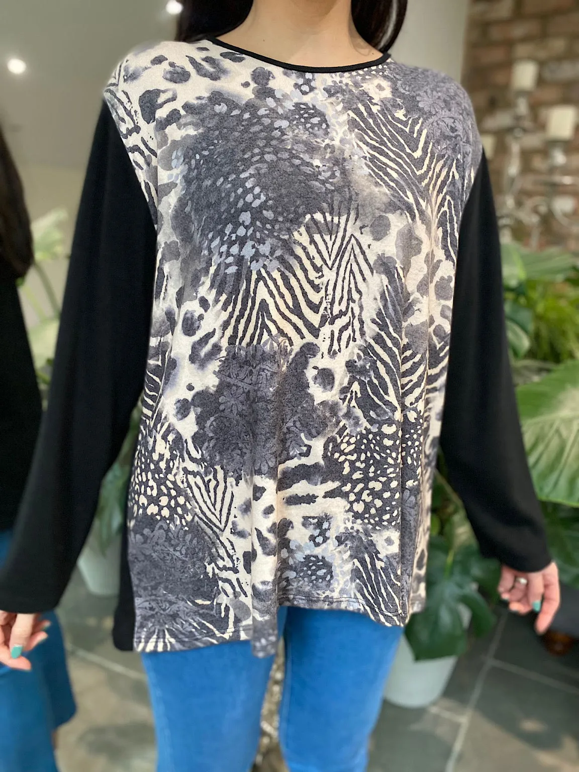 Stone Animal Print Panel Knit Top Dawn