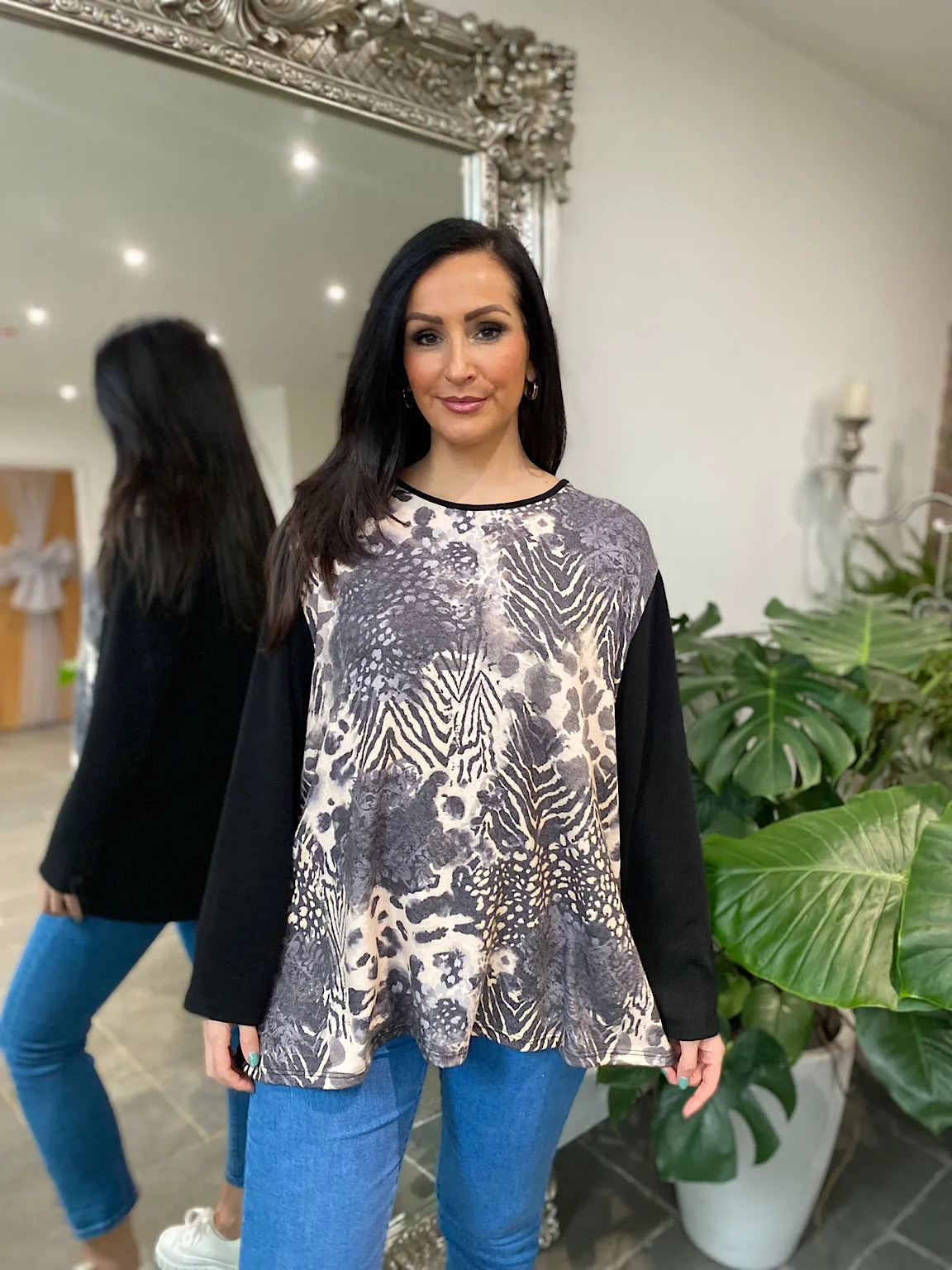 Stone Animal Print Panel Knit Top Dawn