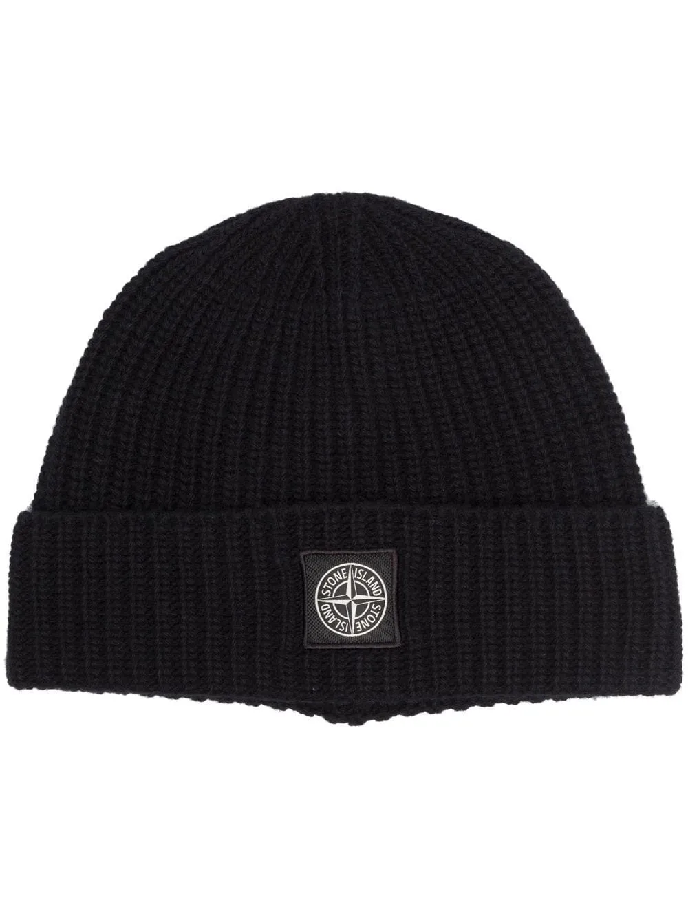 Stone Island Black Beanie Hat with Logo Patch.