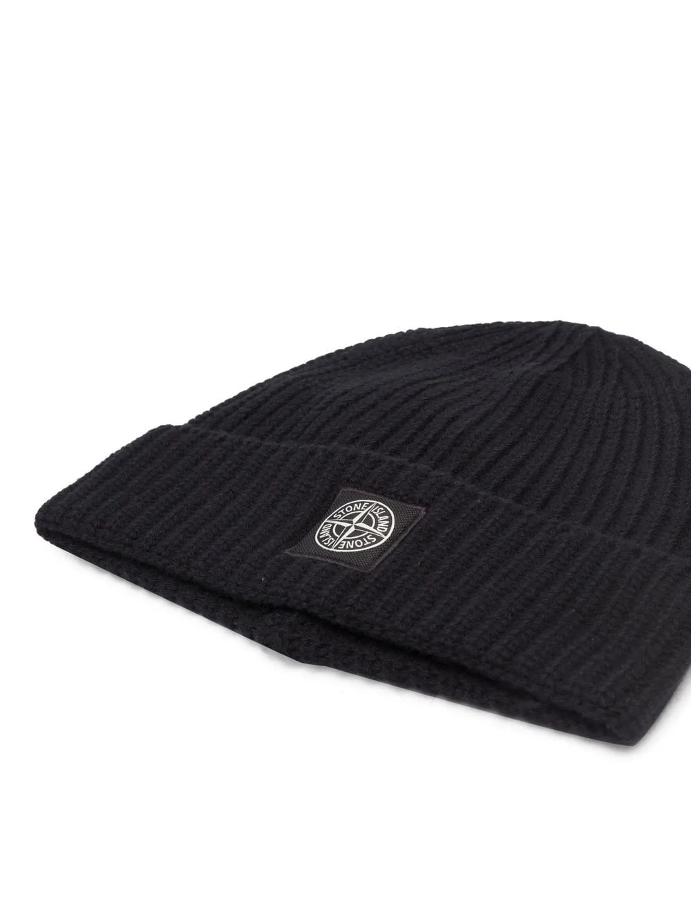 Stone Island Black Beanie Hat with Logo Patch.