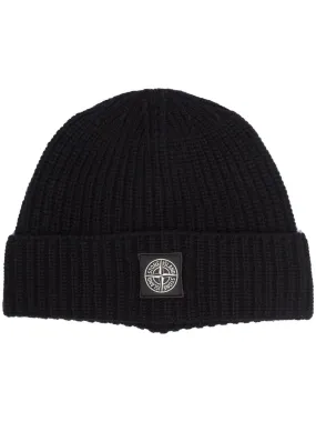 Stone Island Black Beanie Hat with Logo Patch.