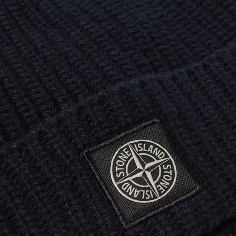 Stone Island Navy Beanie Hat with Logo Patch