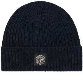 Stone Island Navy Beanie Hat with Logo Patch