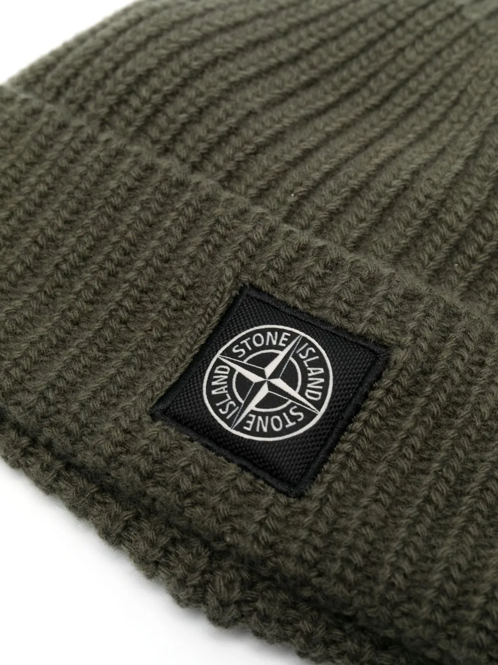 Stone Island Olive Beanie Hat with Logo Patch.