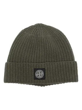 Stone Island Olive Beanie Hat with Logo Patch.