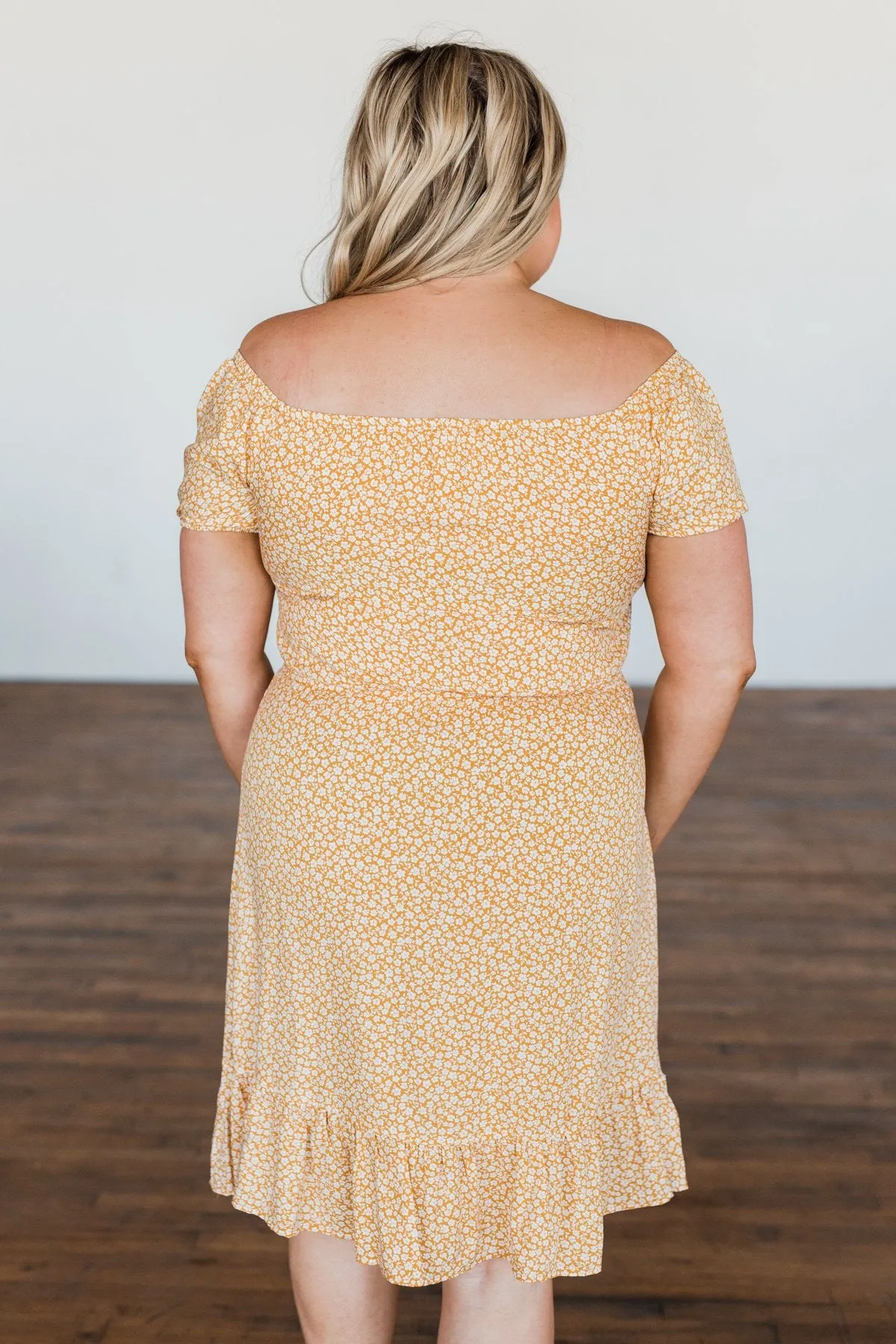 Swirl Off The Shoulder Dress - Mustard, Seasonal Fashion.