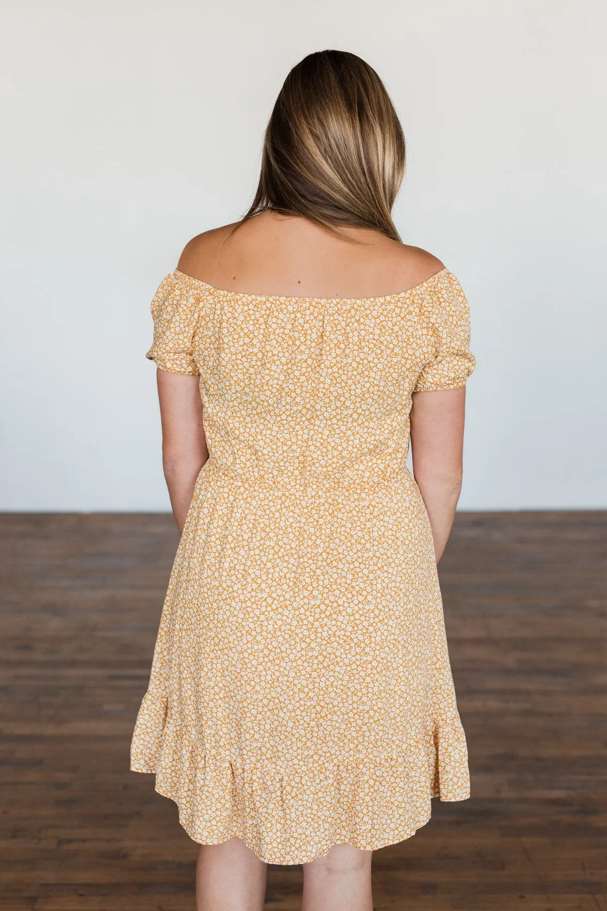 Swirl Off The Shoulder Dress - Mustard, Seasonal Fashion.