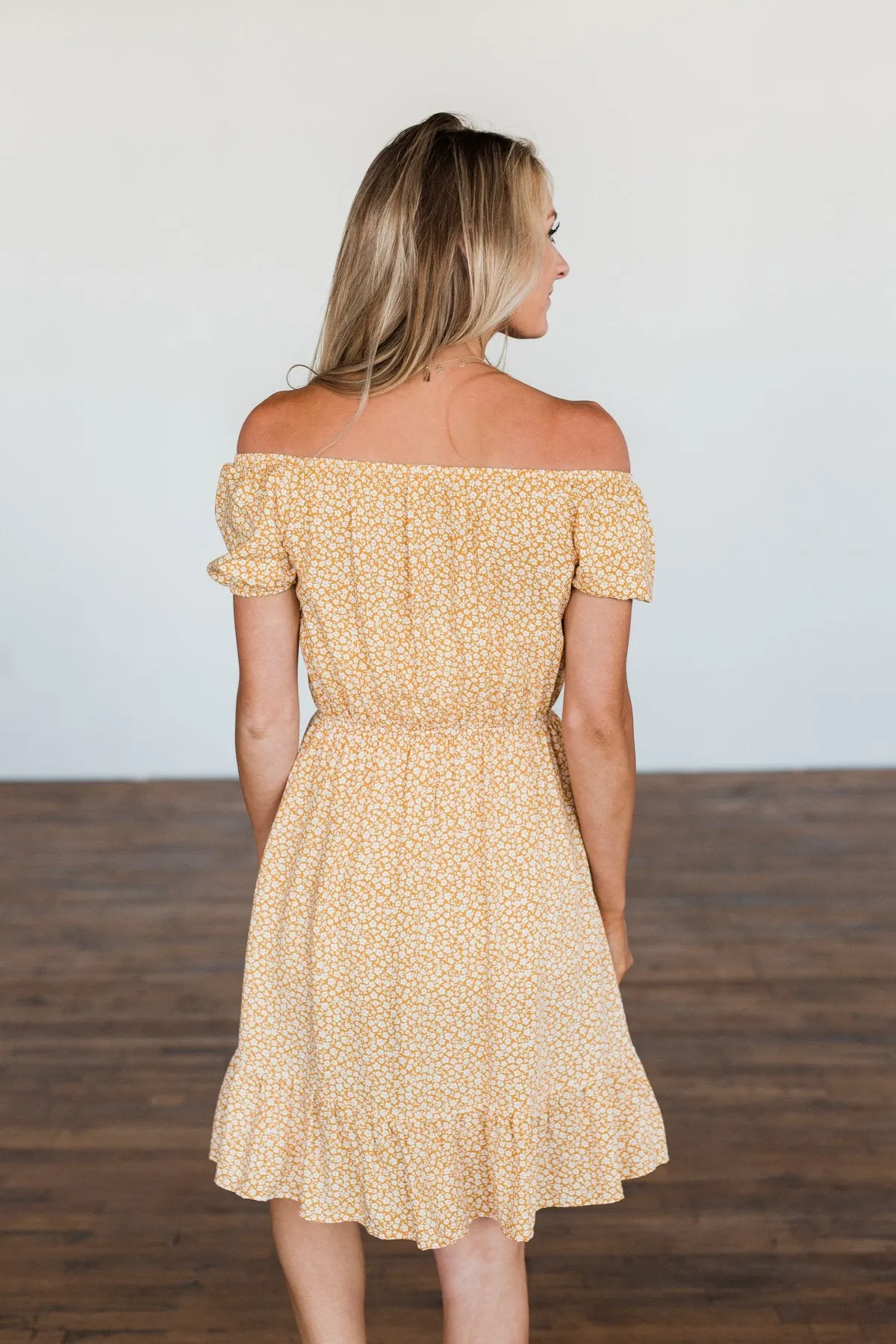 Swirl Off The Shoulder Dress - Mustard, Seasonal Fashion.