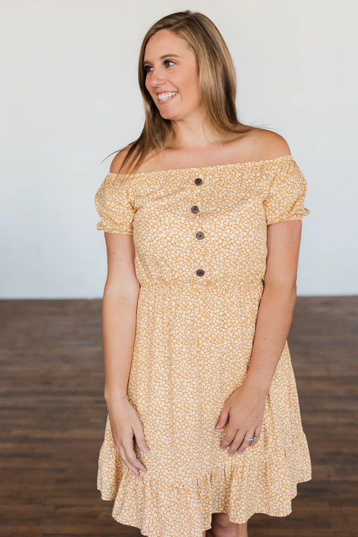 Swirl Off The Shoulder Dress - Mustard, Seasonal Fashion.