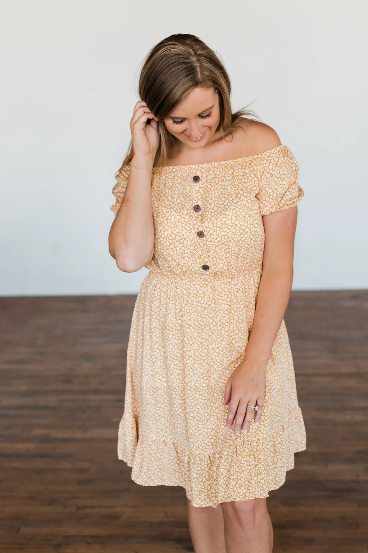 Swirl Off The Shoulder Dress - Mustard, Seasonal Fashion.