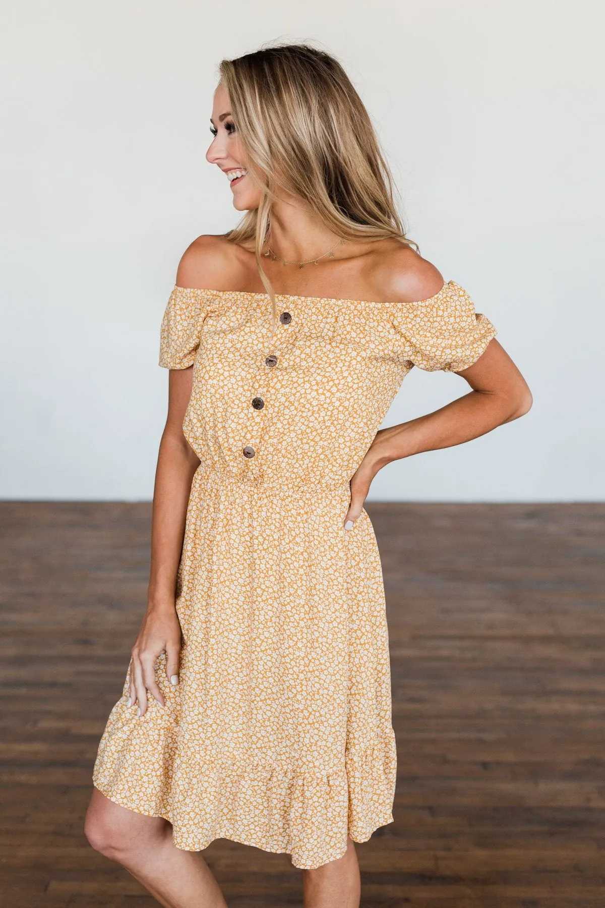 Swirl Off The Shoulder Dress - Mustard, Seasonal Fashion.