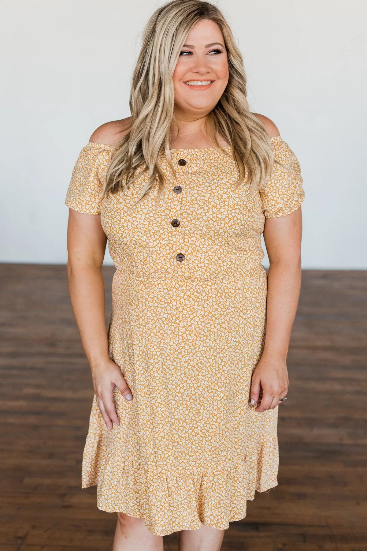 Swirl Off The Shoulder Dress - Mustard, Seasonal Fashion.