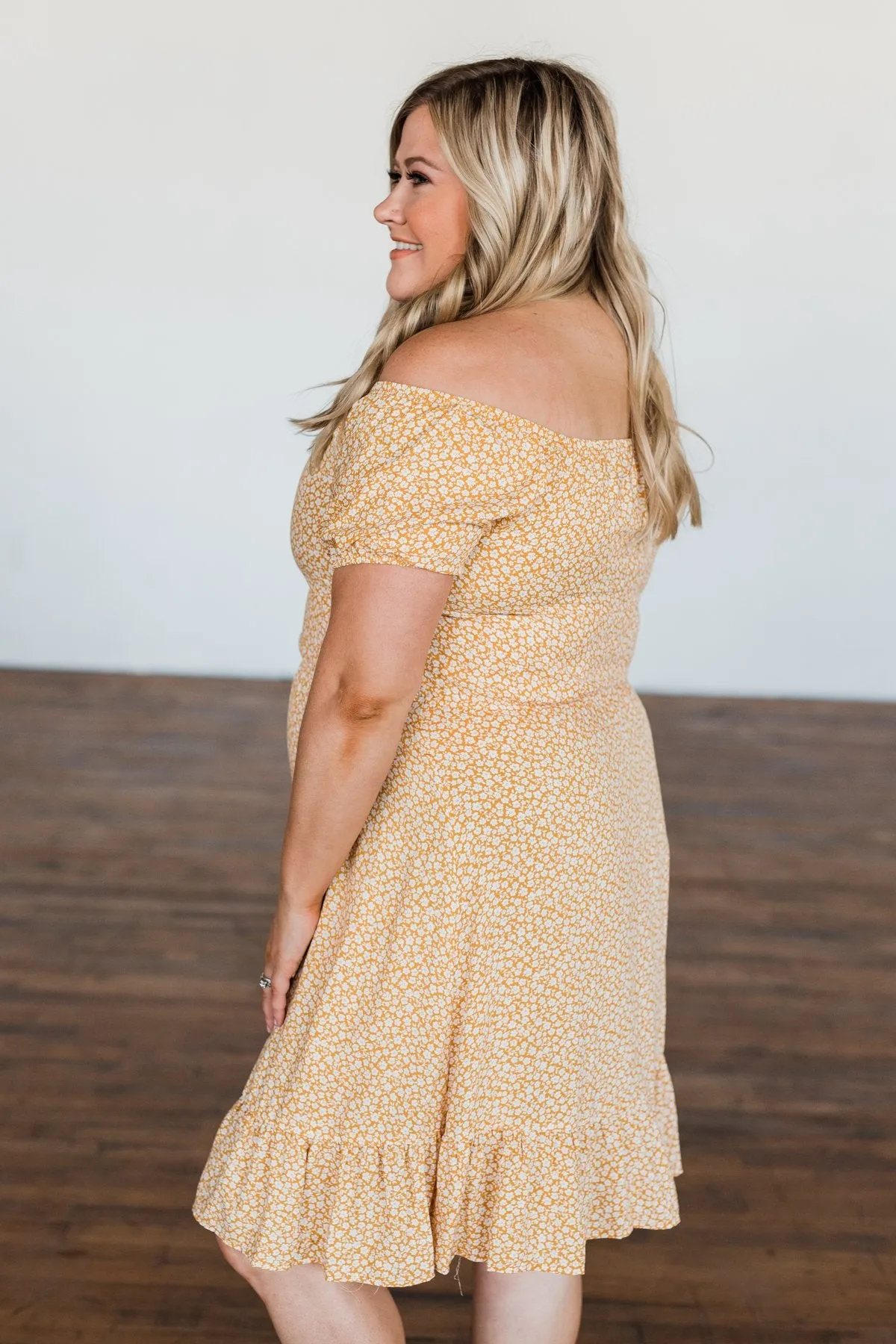 Swirl Off The Shoulder Dress - Mustard, Seasonal Fashion.